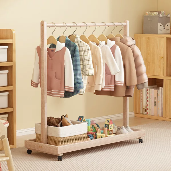 Solid Wood Children's Coat Rack Low Simple Mobile Hanger Universal Wheel Bold Floor Hanger Balcony Drying Hanger