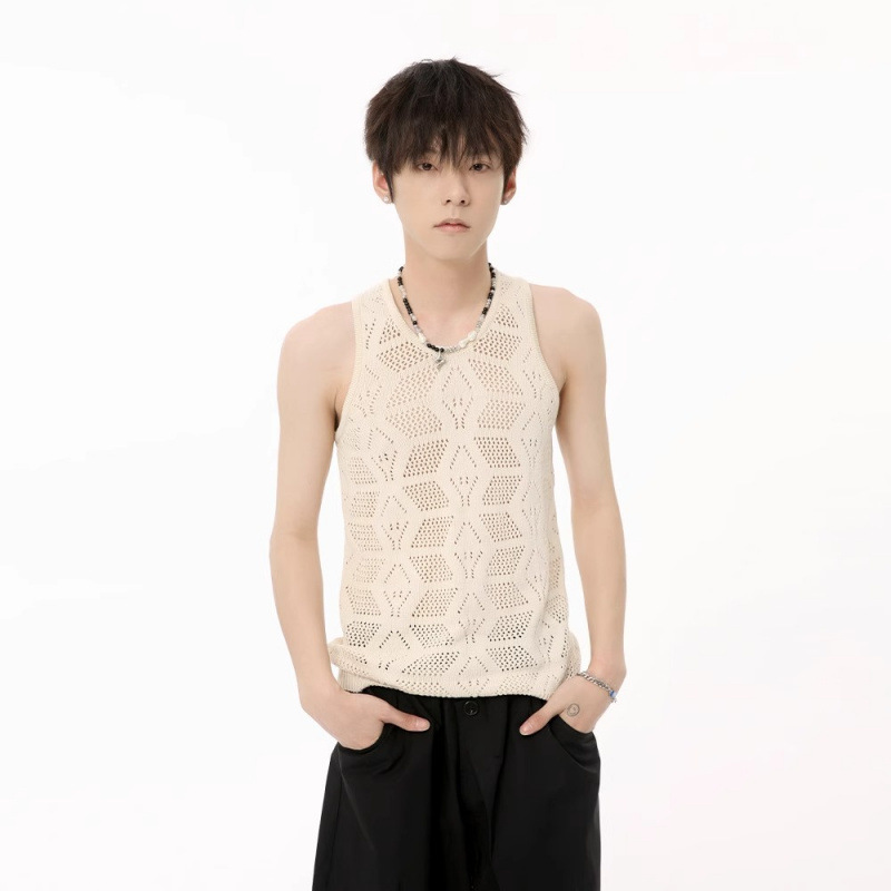 Summer Seaside Vacation Style Retro Cut Out Knitted Vest Ins Men's Lazy Korean Sleeveless Vest Top Trendy