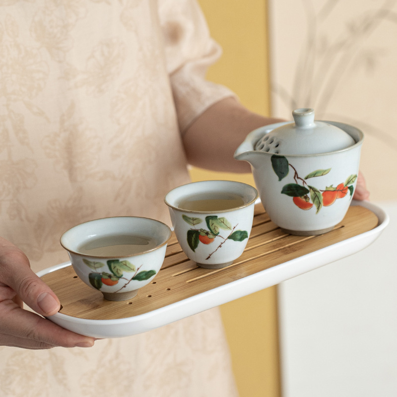 Yuebai Ru Kiln small set, one pot, two cups, two-person Kung Fu tea set, ceramic household teapot with tea tray, dry brewing