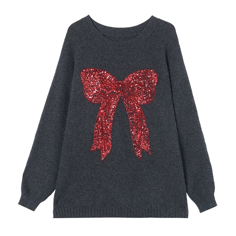 Nail sequins, demi-season knitted sweater with bow for leisure, with embroidery, oversize, fitted