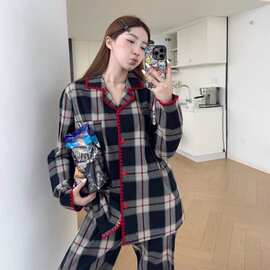 韩版复古格子长袖睡衣女2026春秋新款休闲简约大码长裤家居服套装