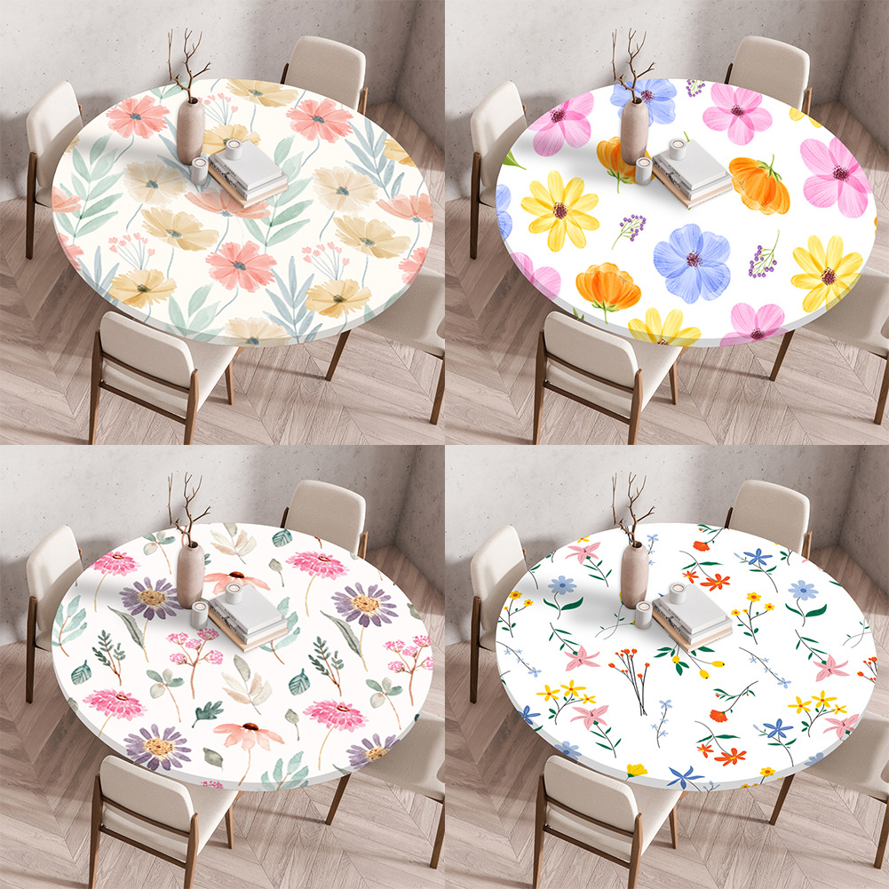 New Cross-Border Elastic Band Tablecloth, Small Fresh Background Table Cover, Floral Round Tablecloth, Waterproof Dining Table Elastic Table Cover