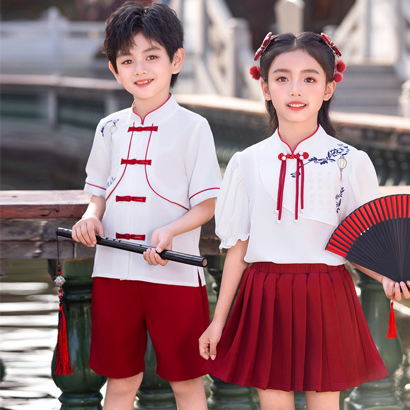 여름 세트 단결 민족 스타일 여름 통기성 경량 더블 브레스트 유치원 정원 의류 공연 의류 교실 유니폼