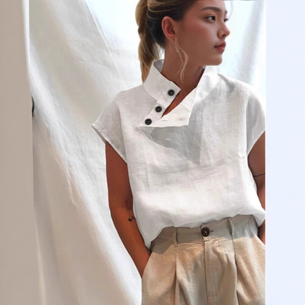 2022 Plus Size Women's Pullover Shirt Amazon Aliexpress New European and American Solid Color Slim Stand Collar Shirt