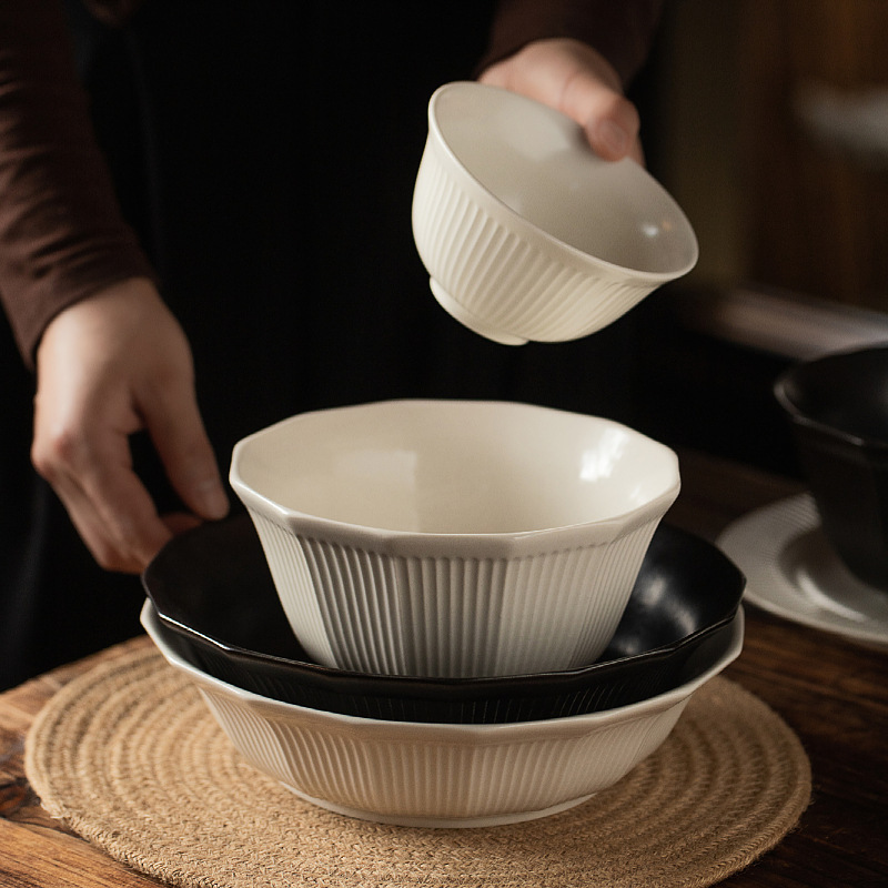 Simple Korean French Beige Black Ceramic Tableware Rice Bowl Hotel Homestay Set Table Fish Plate Western Steak Plate