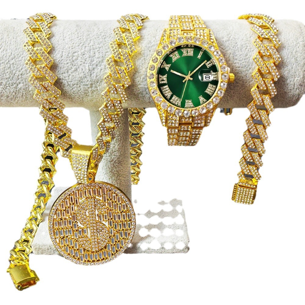 Men's Cuban Link Bracelet With Colorful Diamond Setting Gold Plated_voghion.com