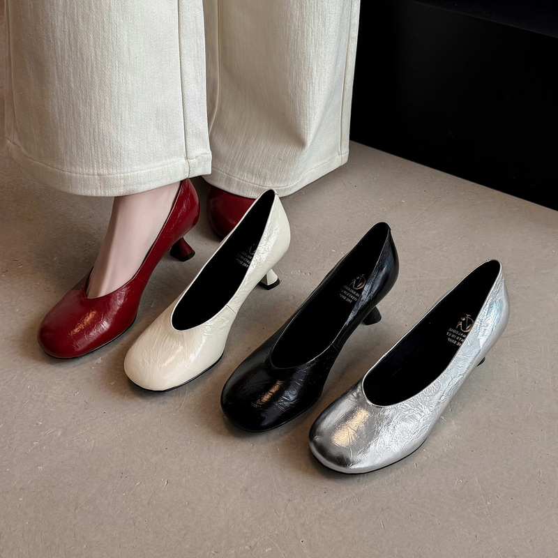 Interesting Little Round Toe! Comfortable and Versatile Retro-Style European-Style Women's Slip-On High-Heeled Shoes with Thin Heels for Commuting, Grandma Style