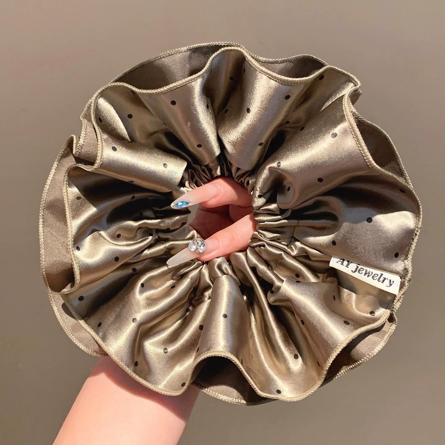 29# brown satin polka dot double layer hair tie about 20cm