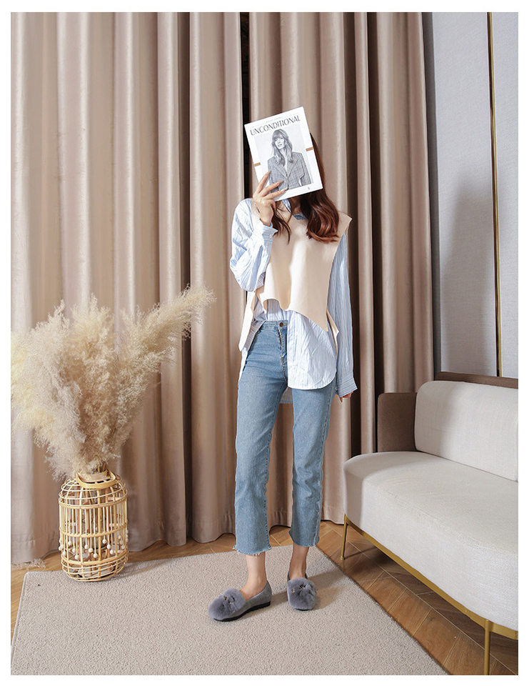 Giày lười nữ lông thỏ có nơ, đế bệt mềm, lót lông giữ ấm — Màu xám, Màu đen chi tiết 19