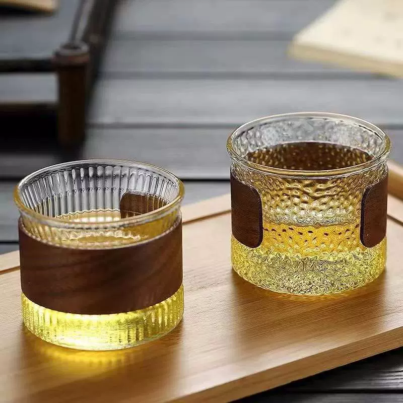 厂家定制木环玻璃茶杯隔热防烫主人杯耐热品茗杯家用锤纹小茶杯子