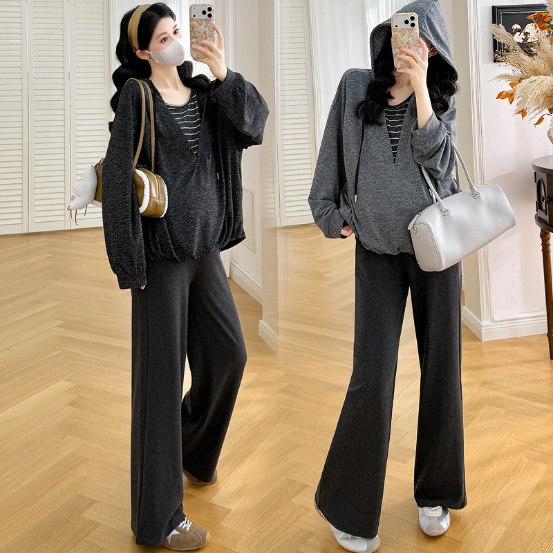 2026 new autumn/winter maternity outfit: American retro striped hooded sweatshirt with adjustable wide-leg pants