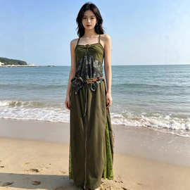 挂脖吊带上衣半身裙套装女夏新款海边度假长裙高级感气质裙子
