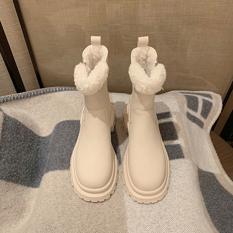 葡萄妈冬季新款厚底侧拉链羊羔毛毛雪地靴加厚绒粗跟厚底马丁靴