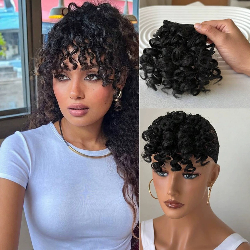 Popular African-style wigs for export, featuring a screw-in bangs design, large waves, short bangs, and suitable for festive occasions; also includes bangs extensions Popular African-style wigs for export, featuring a screw-in bangs design, large waves, short bangs, and suitable for festive occasions; also includes bangs extensions