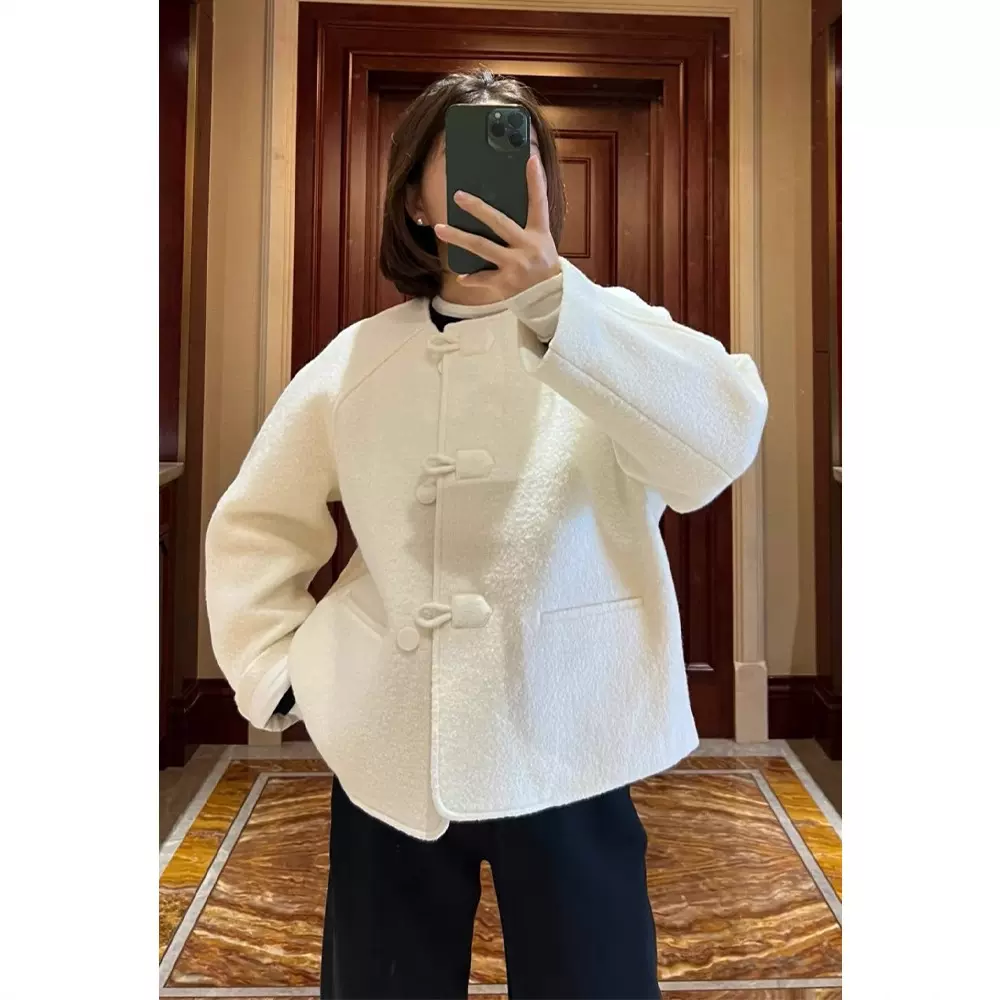 四媛25秋冬羊毛摇粒绒新中式外套圈圈呢圆领廓形短款毛呢大衣9386