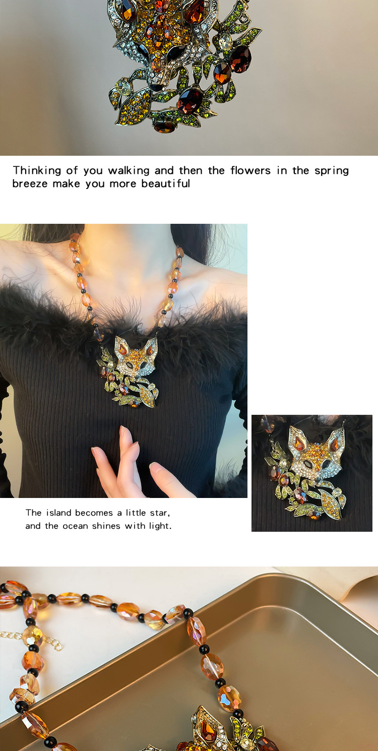 Exaggerated Diamond Studded Personalized Necklace, Three-dimensional Unique Crystal Neck Decoration, Cute Little Fox Sweater Chain Accessories_voghion.com