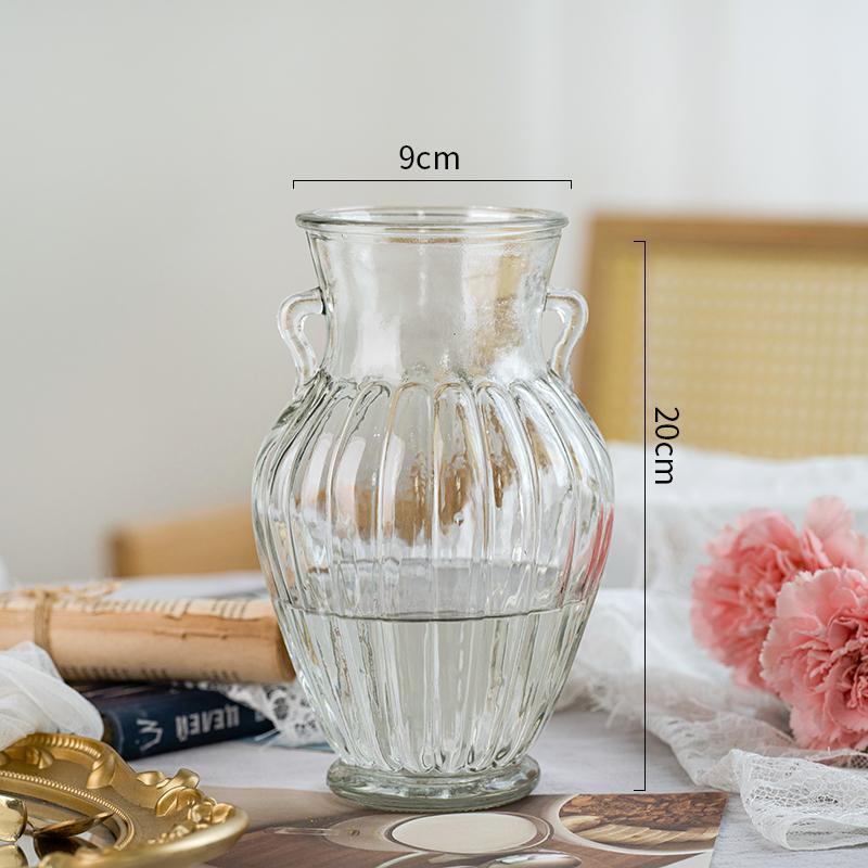 Vaso de vidrio retrógrado europeo en forma de jarro de doble oreja transparente hidropónico francés ramo de flores frescas secas adornos domésticos de gran calibre