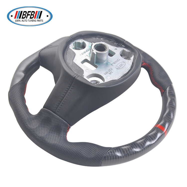 100% Real Carbon Fiber Matte Black Steering Wheel with Black Perforated Leather and Red Stitching and Red Logo - For Tesla Model Y - Steering Wheel Modification