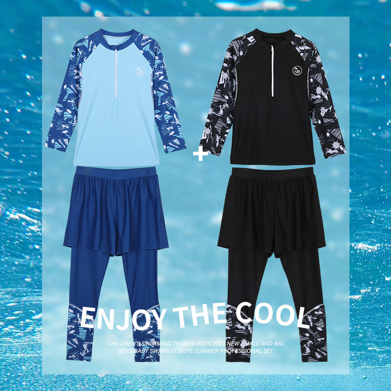 Children's Summer Swimsuit Boys' New Long-Sleeved Pants 7-12 Sun Protection Quick-Drying Split Swimsuit Medium and Large Kidsren's Swimsuit