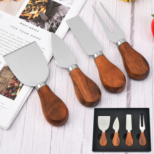 In stock stainless steel four-piece Acacia rubber bamboo handle cheese knife set gift cheese knife