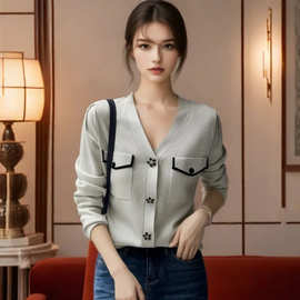 小香风亮丝V领针织开衫外套2025秋热卖气质百搭短款长袖外搭上衣