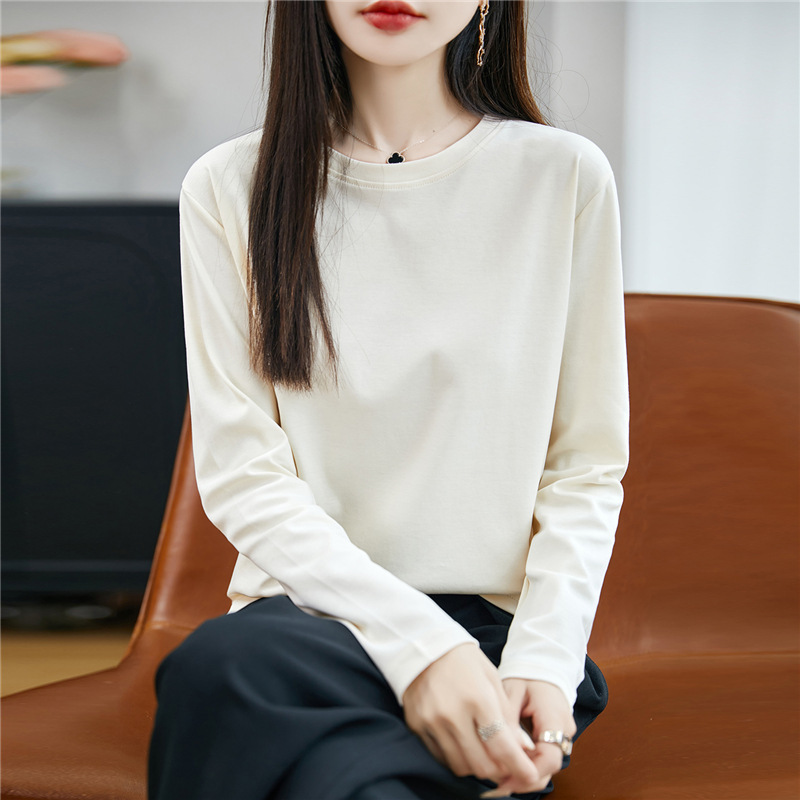 100纯棉针织打底衫女士圆领套头内搭上衣早秋新款休闲百搭风纯色|undefined