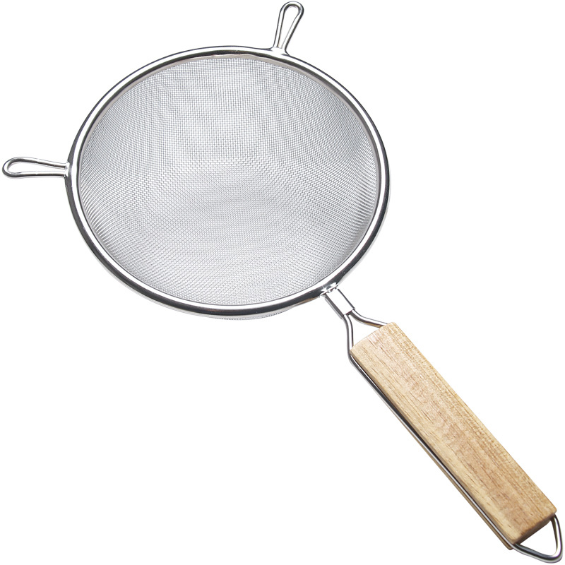Filtro de acero inoxidable 304, mango de madera de doble oreja, colador cifrado, espeso, cuchara de fideos, leche de soja frita, cuchara de jugo