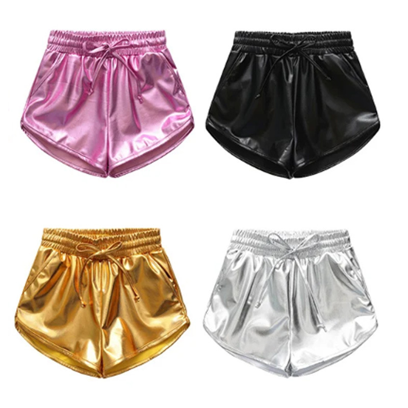 Foreign trade women's clothing Amazon wish sexy temperament bright leather shorts wrinkle elastic high waist sports casual pants women