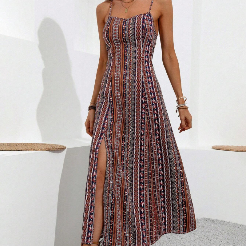 Cross-Border European And American Women's Clothing Bohemian Style Long Strap Slim Fit Slimming Split Design_voghion.com