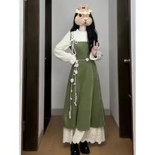 文艺小清新假两件木耳连衣裙秋冬季小众系带收腰遮肉过膝字长裙