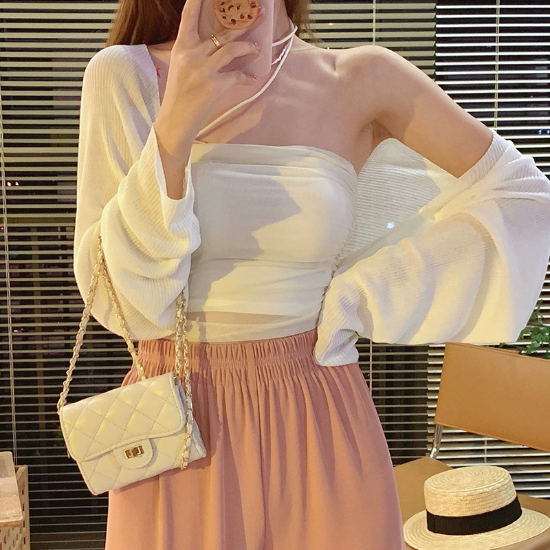 Вязаный солнцезащитный кардиган Тонкая женская летняя шаль Наружный ледяной шелк Короткий Топ Белая блузка Маленький жилет