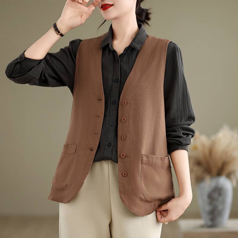 Real Shot of Cotton and Linen Women's Short Vest, 2026 Spring/Summer Korean Style, Vintage Vest for Middle-Aged Moms, Thin Outerwear Vest