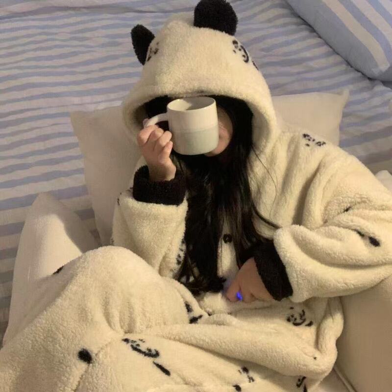 Autumn and Winter New Ins Korean Style Pajamas Design Panda Coral Velvet Cute One-Piece Pajamas Home Clothes Can Be Worn Outside