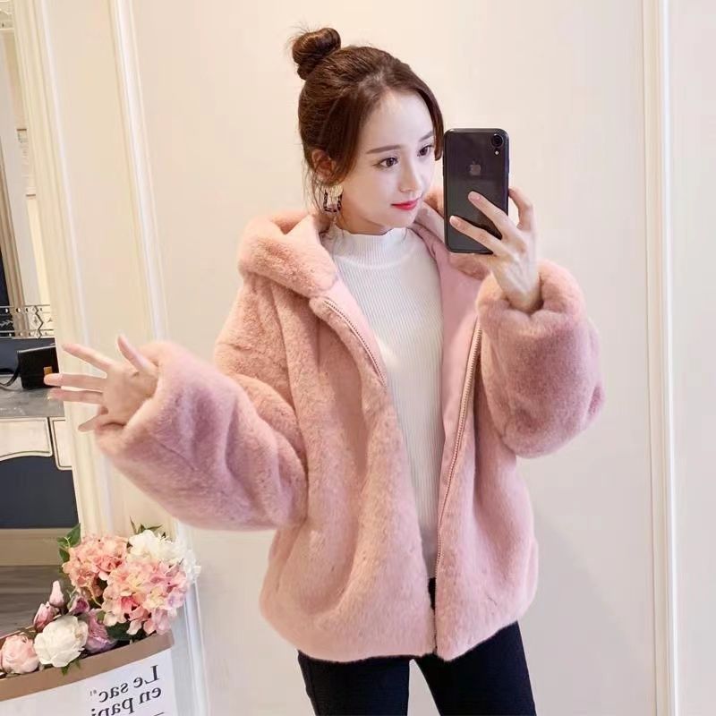 双面长毛绒休闲外套女新款秋冬装加厚连帽毛绒绒宽松短款外套女