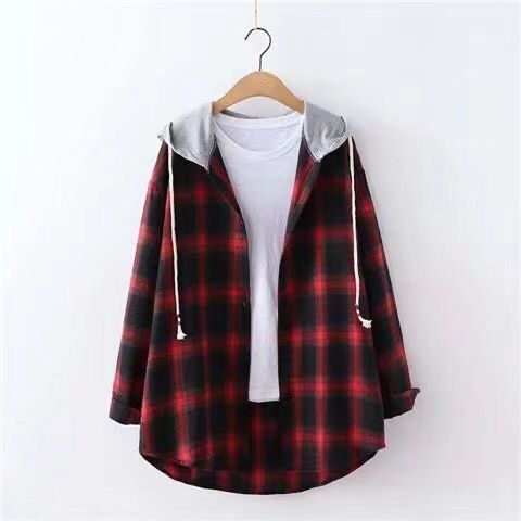 Spring, Summer, Autumn Women's Grid Shirt Retro Hong Kong Style Ins Loose Hooded Sweatshirt Outerwear Shirt