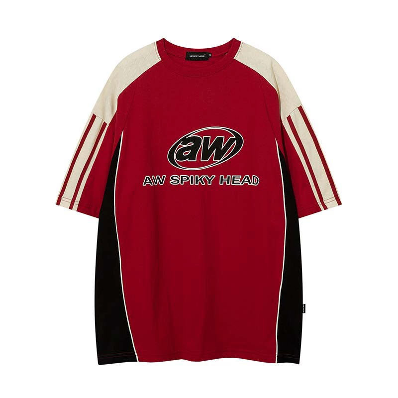 Американская уличная спортивная футболка контрастных цветов в мотоциклетном стиле ретро с короткими рукавами, Мужская модная брендовая свободная летняя нишевая футболка