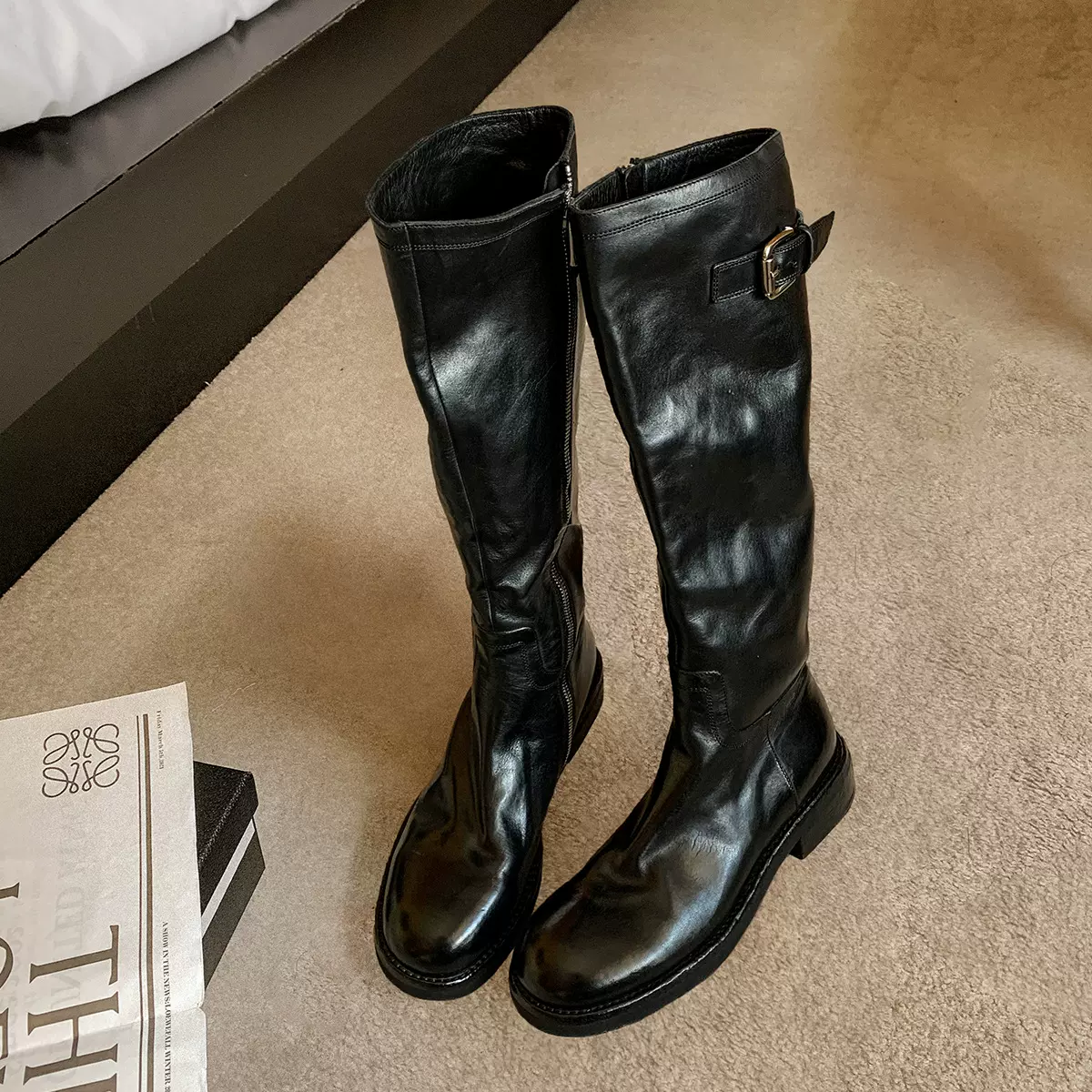 水洗牛皮~真皮厚底长筒靴女英伦风骑士靴复古显瘦侧拉链高筒靴子