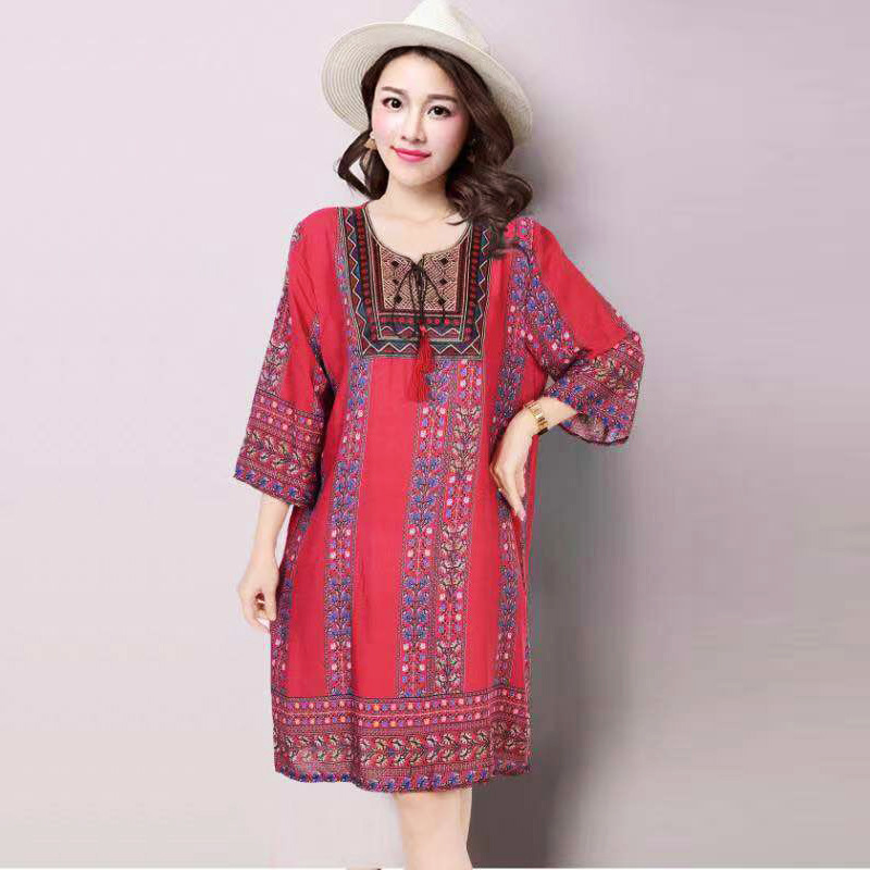 タイ風Aラインコットンワンピース、夏向け、クロスボーダーコットンシルクワンピース、アーティスティックレトロエスニック風婦人服