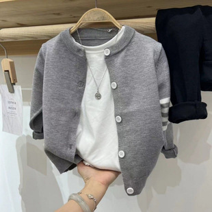 2025 Spring and Autumn Men's and Women's Thin Children's Knitted Sweaters Casual Single Row Round Neck Neutral Children's Cardigan Tops and Jackets