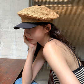 【法式浪漫】手工草编钩针八角帽子女夏天出游度假拼接个性海军帽