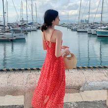 红色碎花雪纺吊带连衣裙女夏季海边度假设计感法式裙子