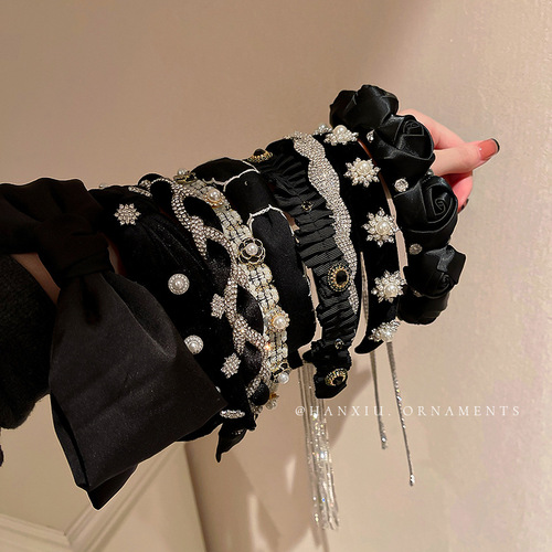 French retro style headband baroque palace velvet headband black lace pearl bow hair accessories