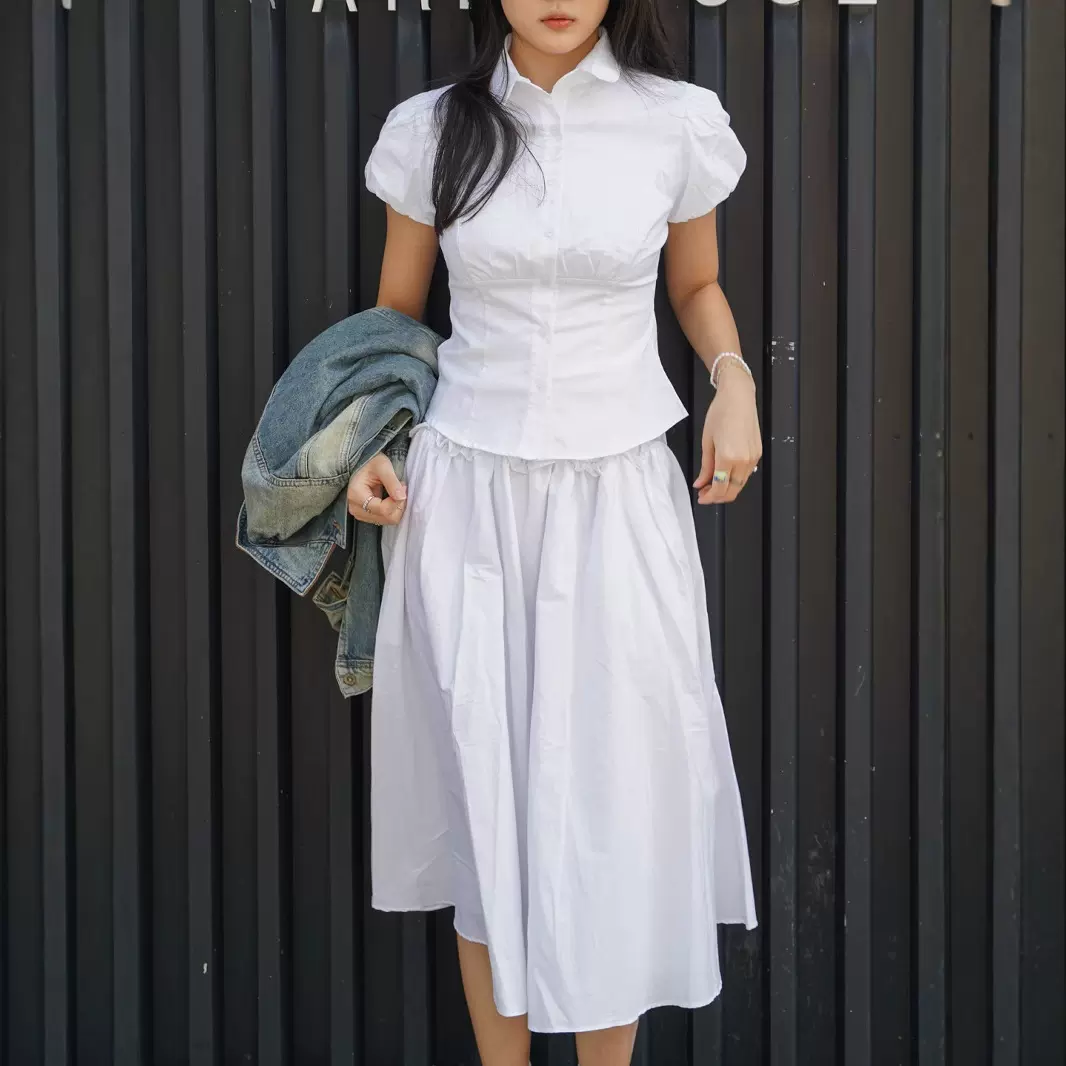 bella同款复古辣妹褶皱收腰设计泡泡袖衬衫上衣遮胯显瘦半裙套装