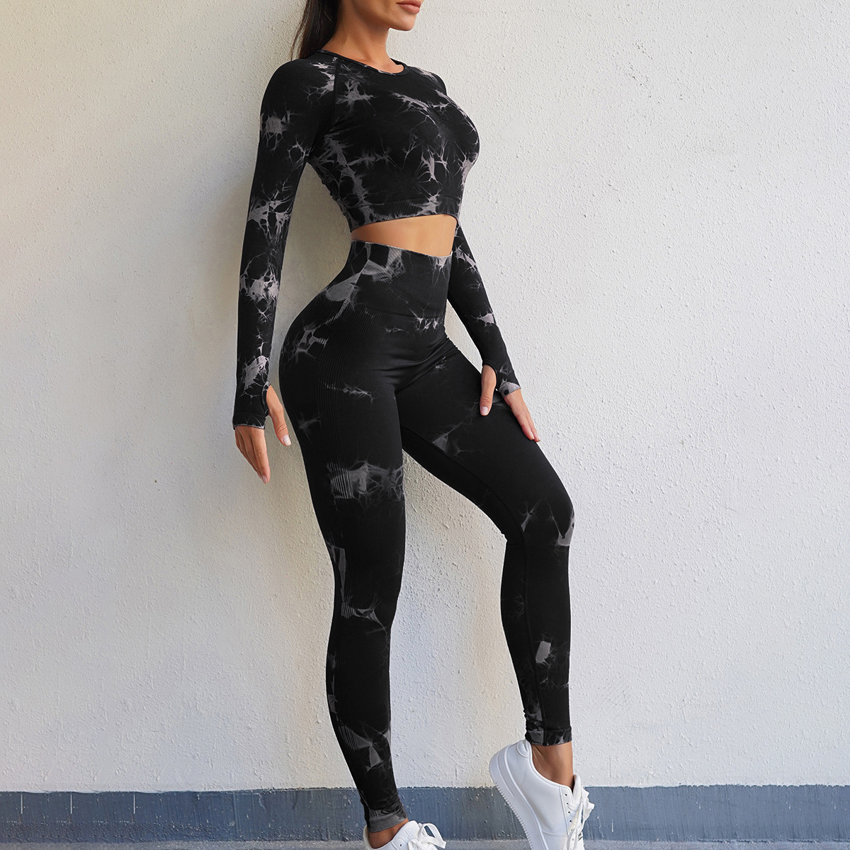 Popular sin costura transfronteriza Peach Hip lifting cintura alta vientre contrayendo apretado tie-dyed yoga fitness ejercicio traje ventas directas de fábrica