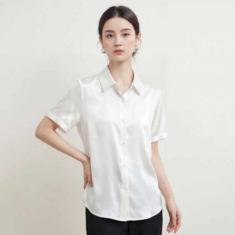 Silk Mulberry Silk Shirt Women's Short-Sleeved Summer New Basic Business Shirt Design Niche Commuter Top Silk Mulberry Silk Shirt Women's Short-Sleeved Summer New Basic Business Shirt Design Niche Commuter Top