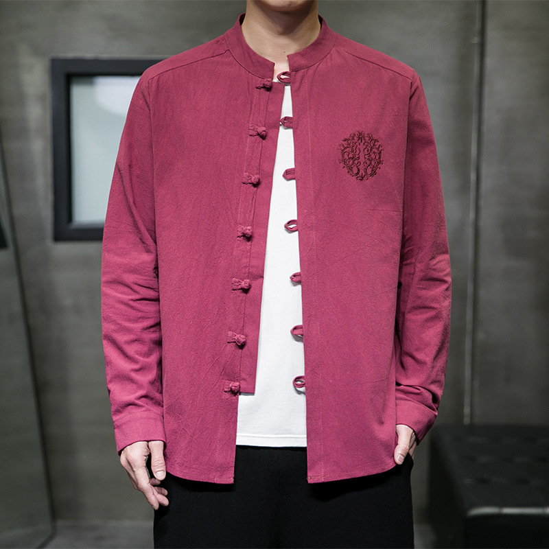 2024 autumn new Chinese style men's cotton and linen embroidery buckle Chinese Tang suit long sleeve shirt a generation of hair