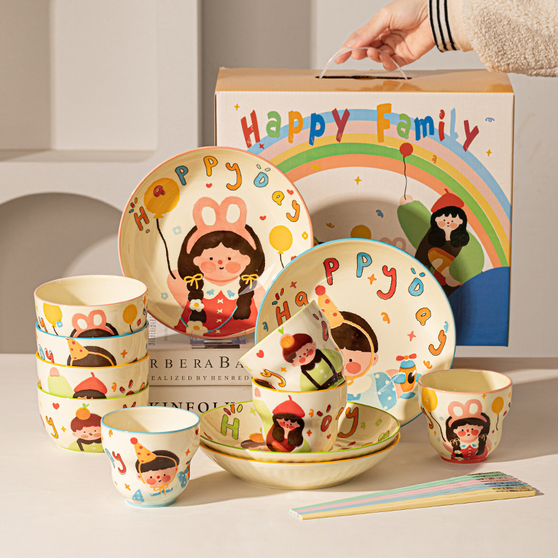 Family of Four Family Tableware suit Gift Giving Household Bowl Ceramic Bowl Cartoon Rice Bowl Plate Dishes suit Family of Four Family Tableware suit Gift Giving Household Bowl Ceramic Bowl Cartoon Rice Bowl Plate Dishes suit