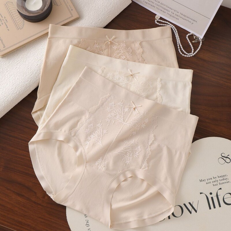 High-Waisted Tummy Control Seamless Breathable Women's Panties with Integrated Fabric, Women's Shorts, Mulberry Silk Hip-Hugging Lace Briefs