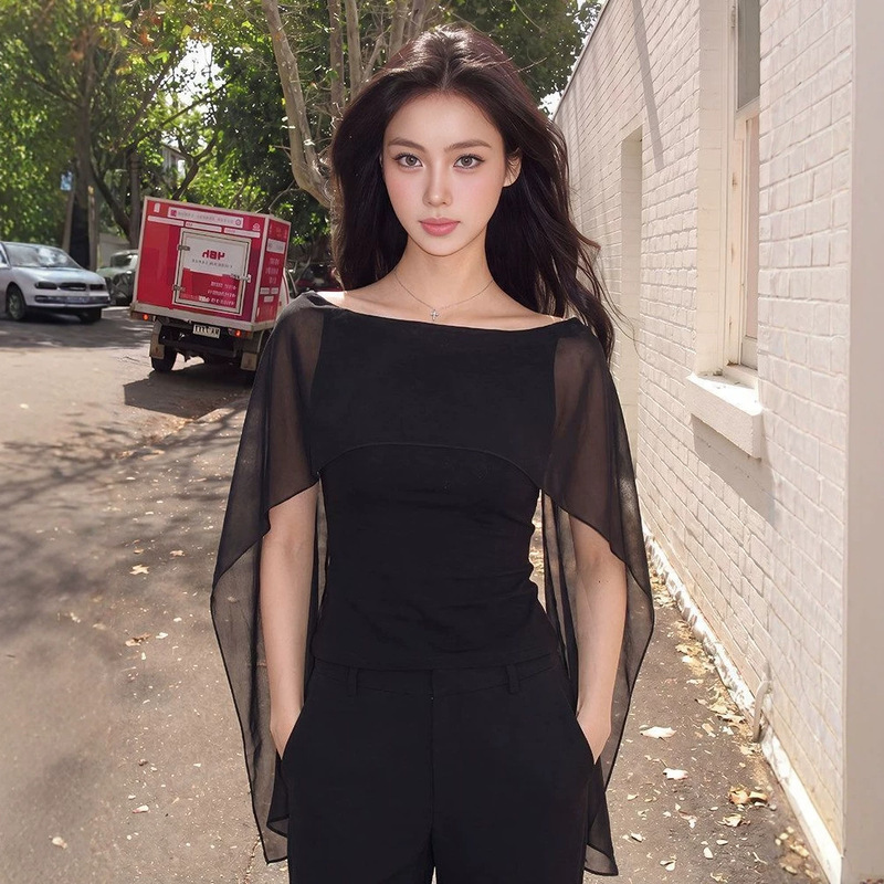 Multi-Wear Sheer Shawl Vest for Women, Korean Style Backless Off-Shoulder Top, Waist-Cinching Slimming Blouse, Elegant Versatile Top