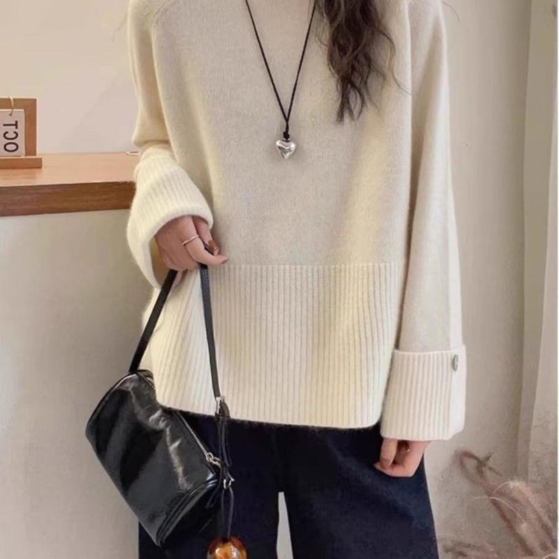 法式感袖口卷边圆领毛衣女秋软糯慵懒风内搭打底针织衫上衣|undefined